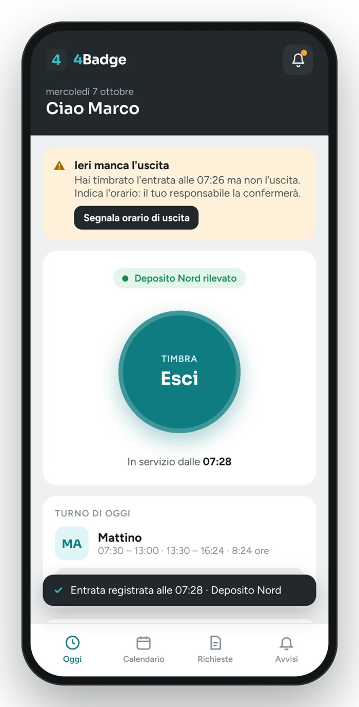 Schermata dell'app dopo la timbratura: in servizio dalle 07:28.