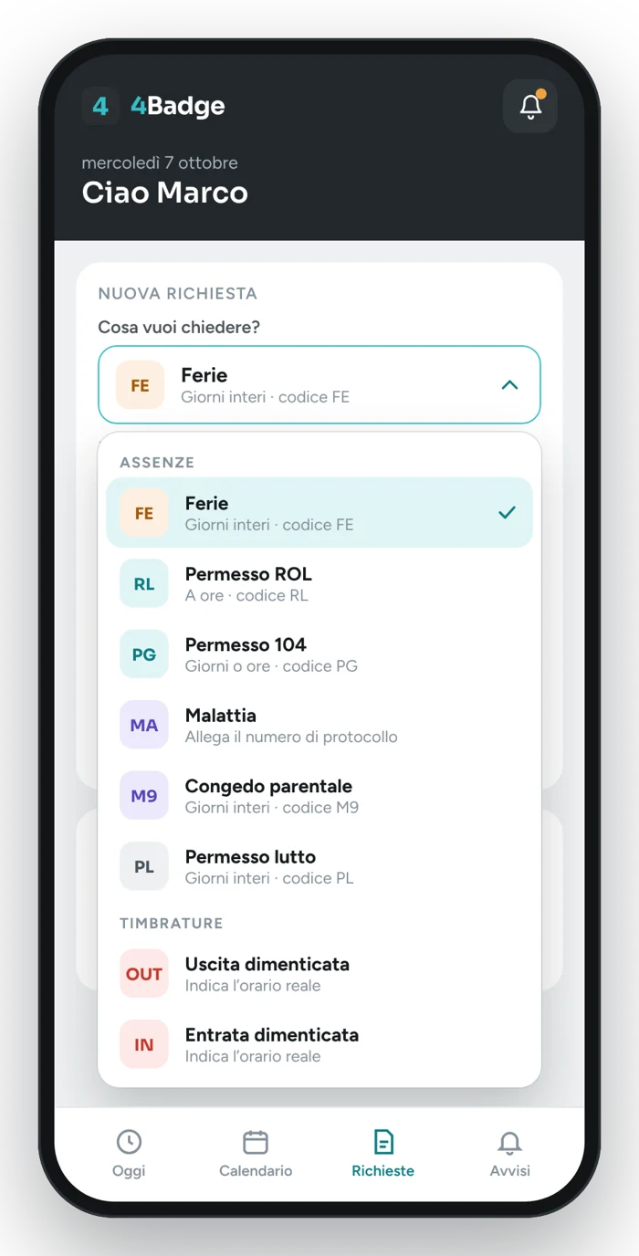 Menu delle richieste con ferie, permessi, malattia e timbrature dimenticate.